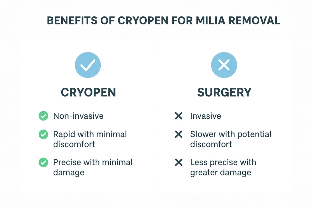 Benefits of cryopen for milia removal Golders Green compared to surgical treatments.