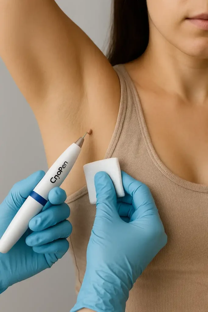 woman having cryopen to remove underarm skin tags Golders Green
