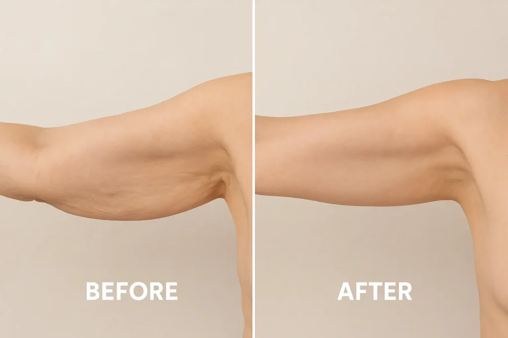 Picture of LA LIPO Golders Green before and after results of skin tightening treatment on the upper arms.