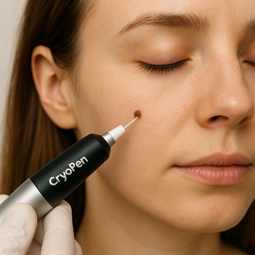 woman receiving facial mole removal Golders Green using cryopen