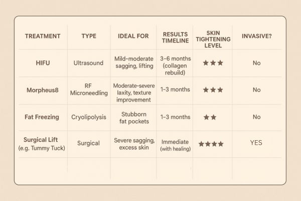 Table showing the comparisons of Skin tightening Golders Green treatment options.